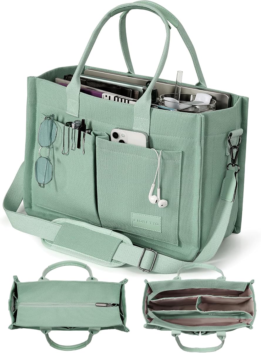 FIORETTO Bolso Tote de Lona para Mujer con Cierre de Cremallera y Compartimentos Individuales para Trabajo Universidad para Profesor y Enfermera