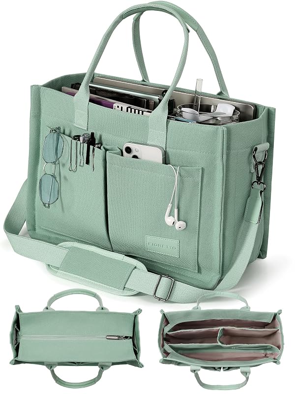 FIORETTO Canvas Tote Bag for Women with Zipper Closure & Individual Compartments for Work College, Crossbody Laptop Tote Purse Handbag with Detachable Strap & Bottom Support for Teacher & Nurse Green by FIORETTO - Used condition - Image 2