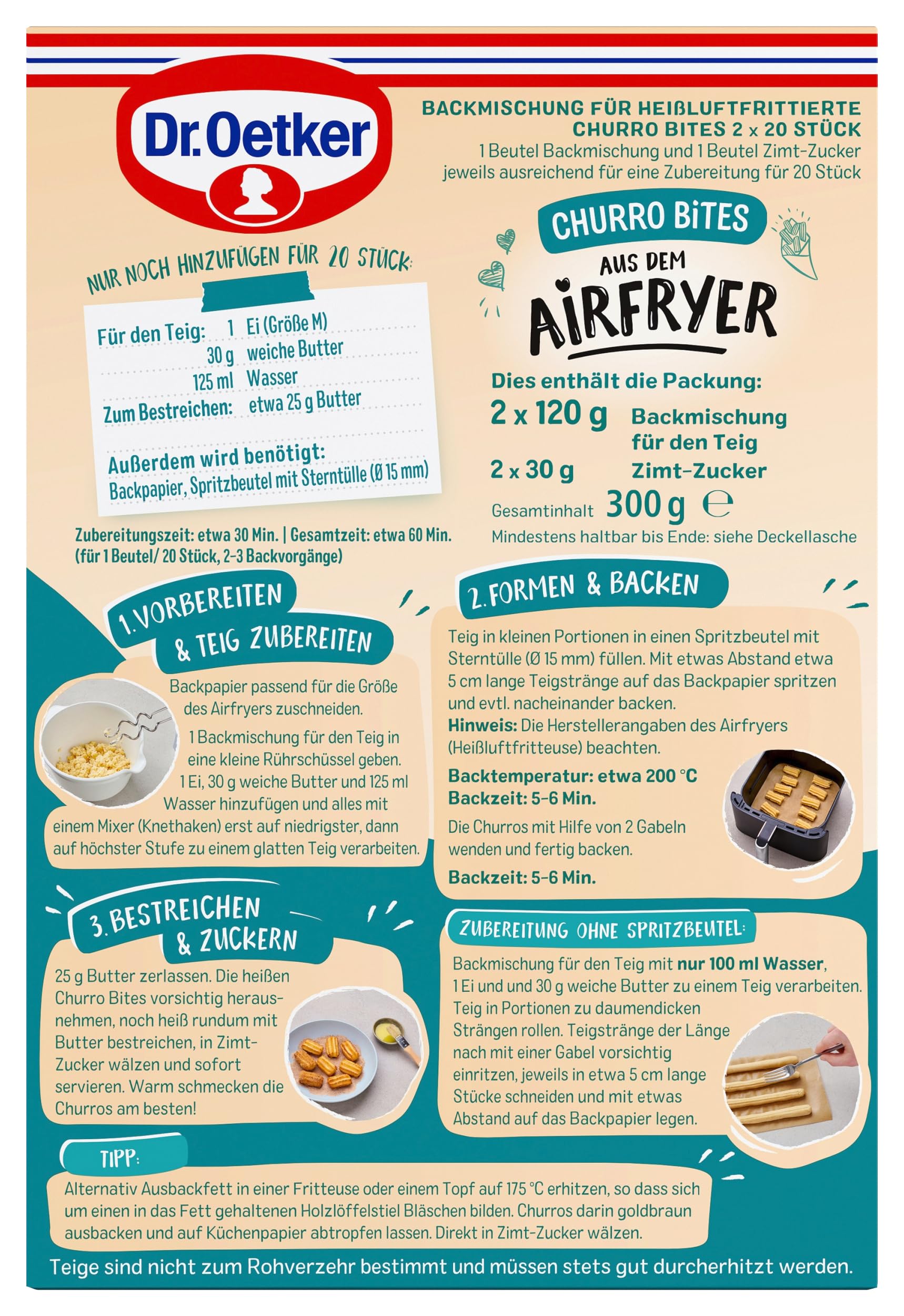 Dr. Oetker Churro Bites aus dem Airfryer – 6er Pack Backmischung für zimtig-knusprige Churros aus der Heissluftfritteuse, Churros ohne Frittieren, wie auf der Kirmes, 6 x 300g