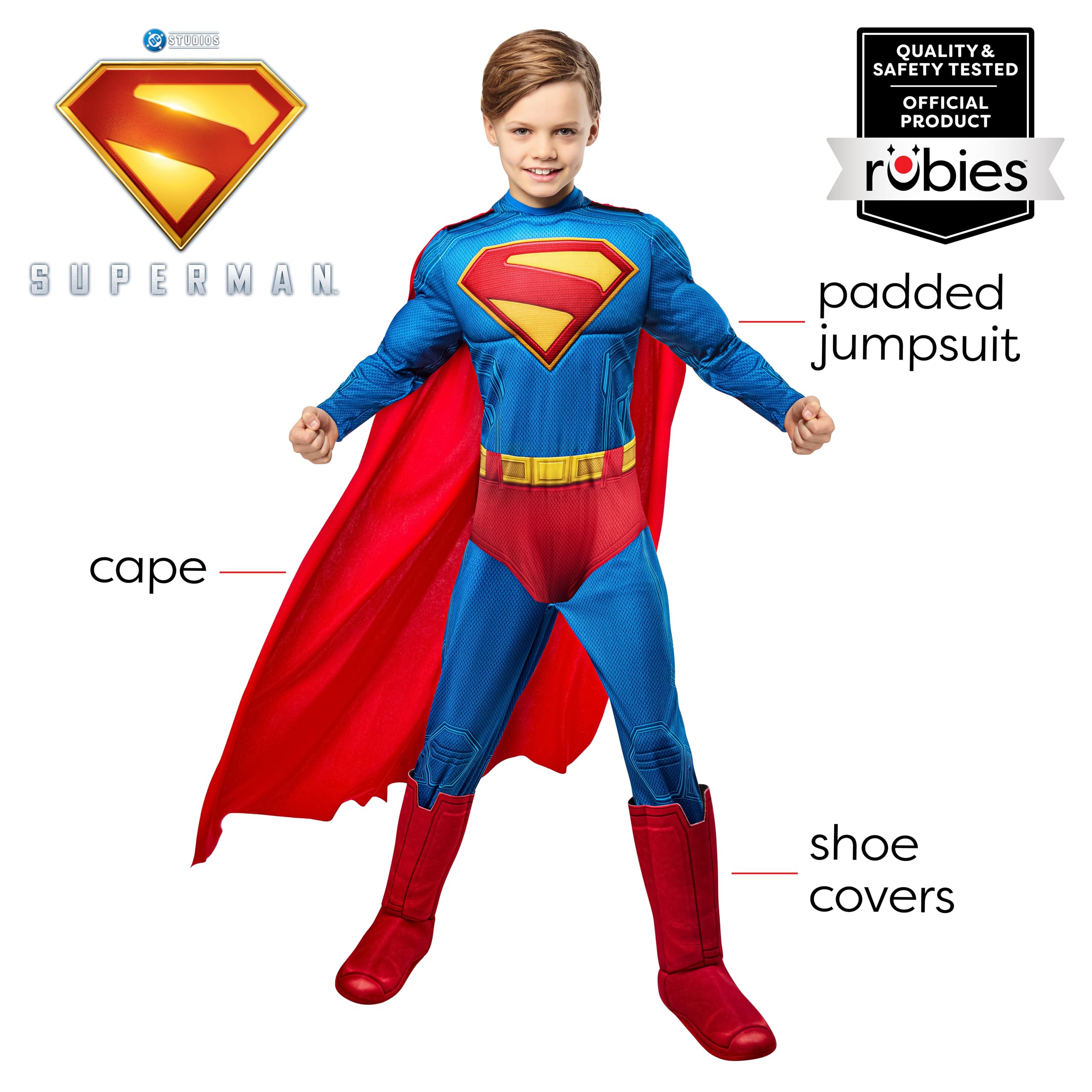Rubies Superman Deluxe Kids Boys Costume Jumpsuit with Shoe Covers and Cape