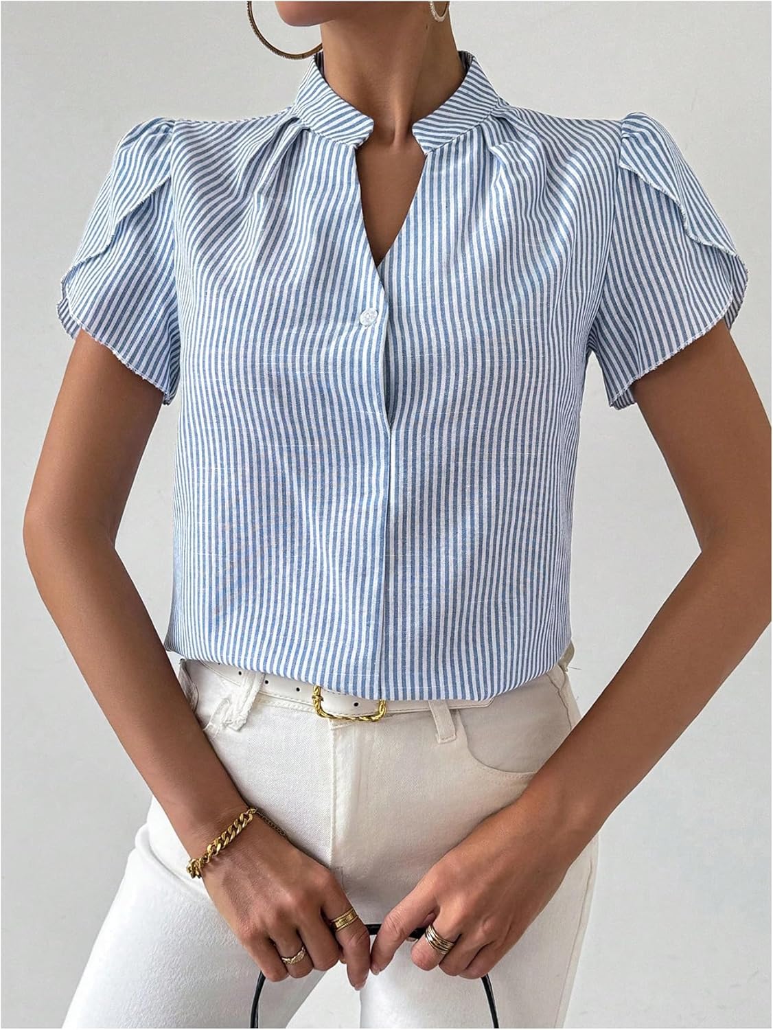 SweatyRocks Women's Striped Blouse Puff Short Sleeve Collar V Neck Office Work Shirts - Image 4