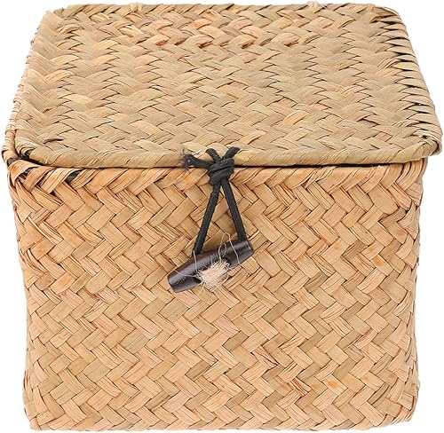 DOITOOL Cesta cuadrada pequeña de ratán con tapa, marrón, rústica, 3.9 x 3.9 x 3.9 in, cesta de almacenamiento multiusos para dormitorio, baño, sala