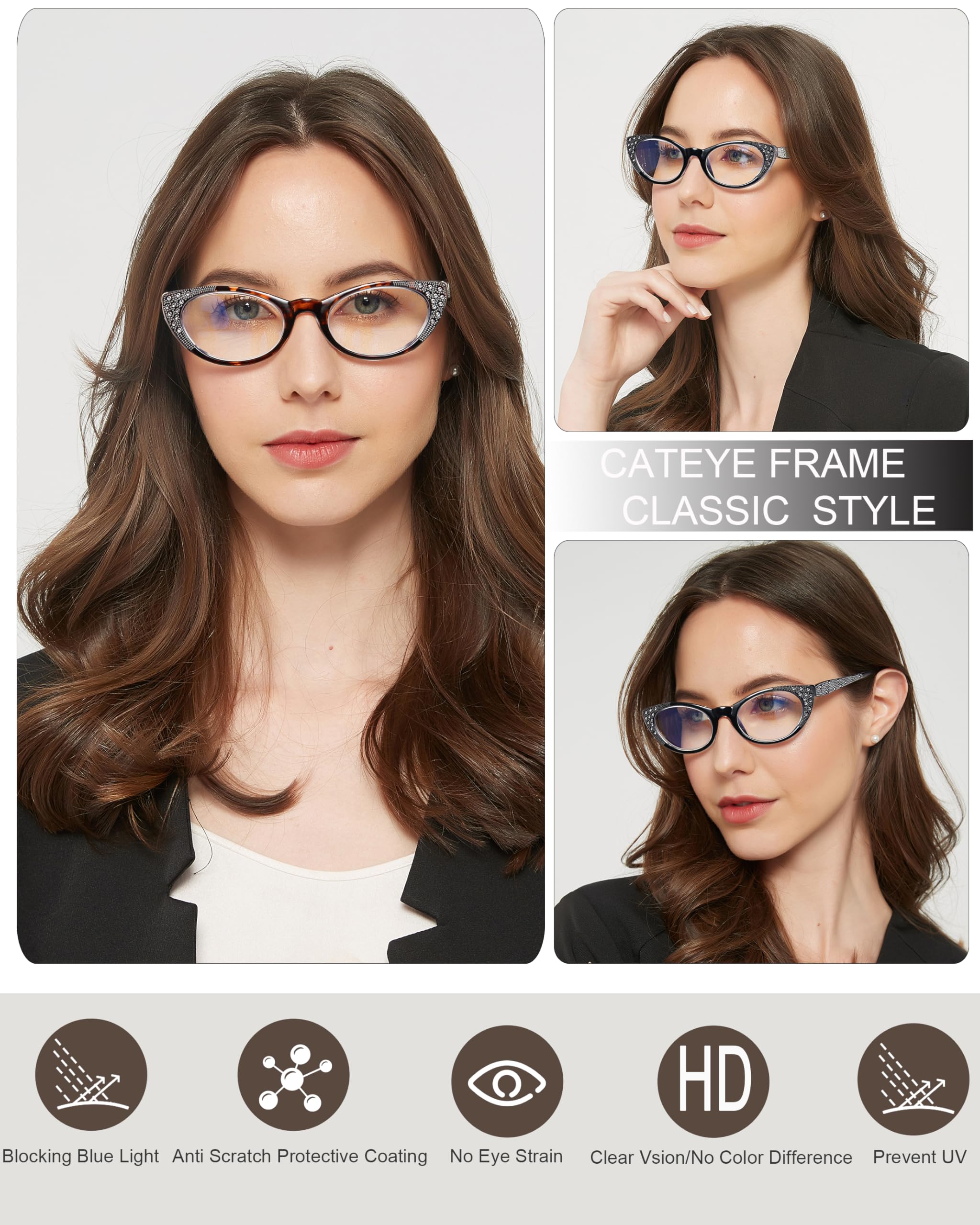 EYEURL Cat Eye Lesebrille für Damen 3er-Pack Blaulichtfilter Brille | Computerbrille Katzenauge Lesebrille mit sehstärke strass mit Federscharnier Anti Augenbelastung/Helligkeitsreflexion
