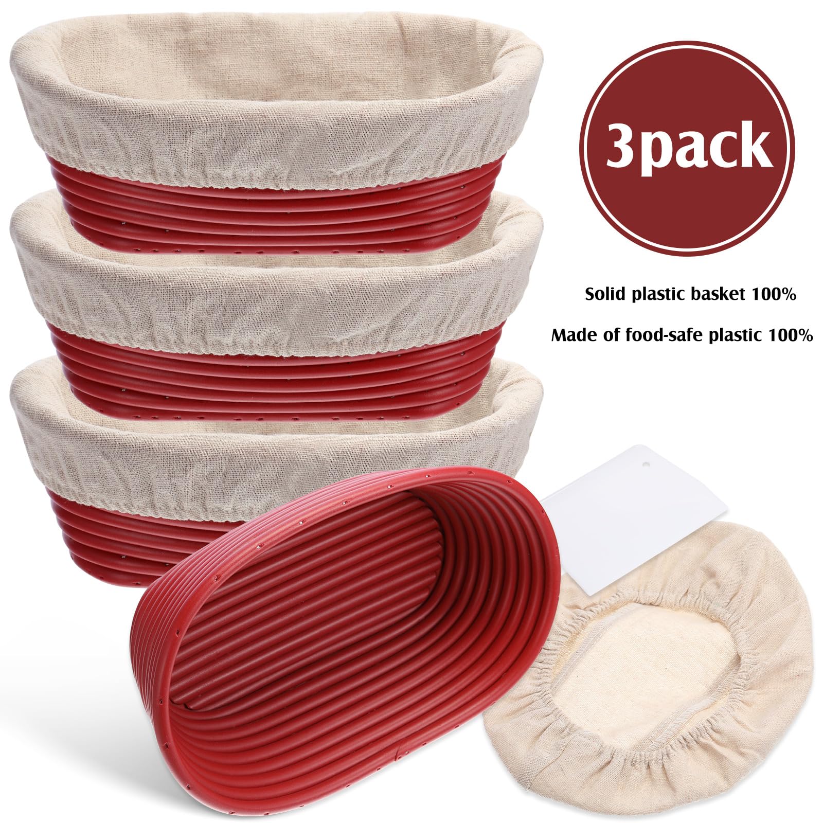 Hushee Set di 3 cestini ovali per lievitazione con raschietto, fodera in cotone, kit per la preparazione del pane, ciotola rossa per lievitazione del pane, strumenti per la preparazione del pane