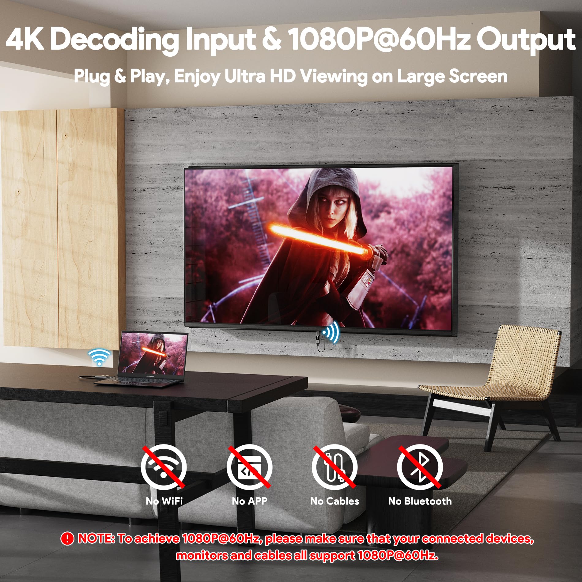 Bezprzewodowy transmiter i odbiornik HDMI, bezprzewodowy dekodowanie 4K 1080P do transmisji radiowej HDMI do strumieniowego przesyłania plików audio z laptopa, komputera PC do HDTV, projektora