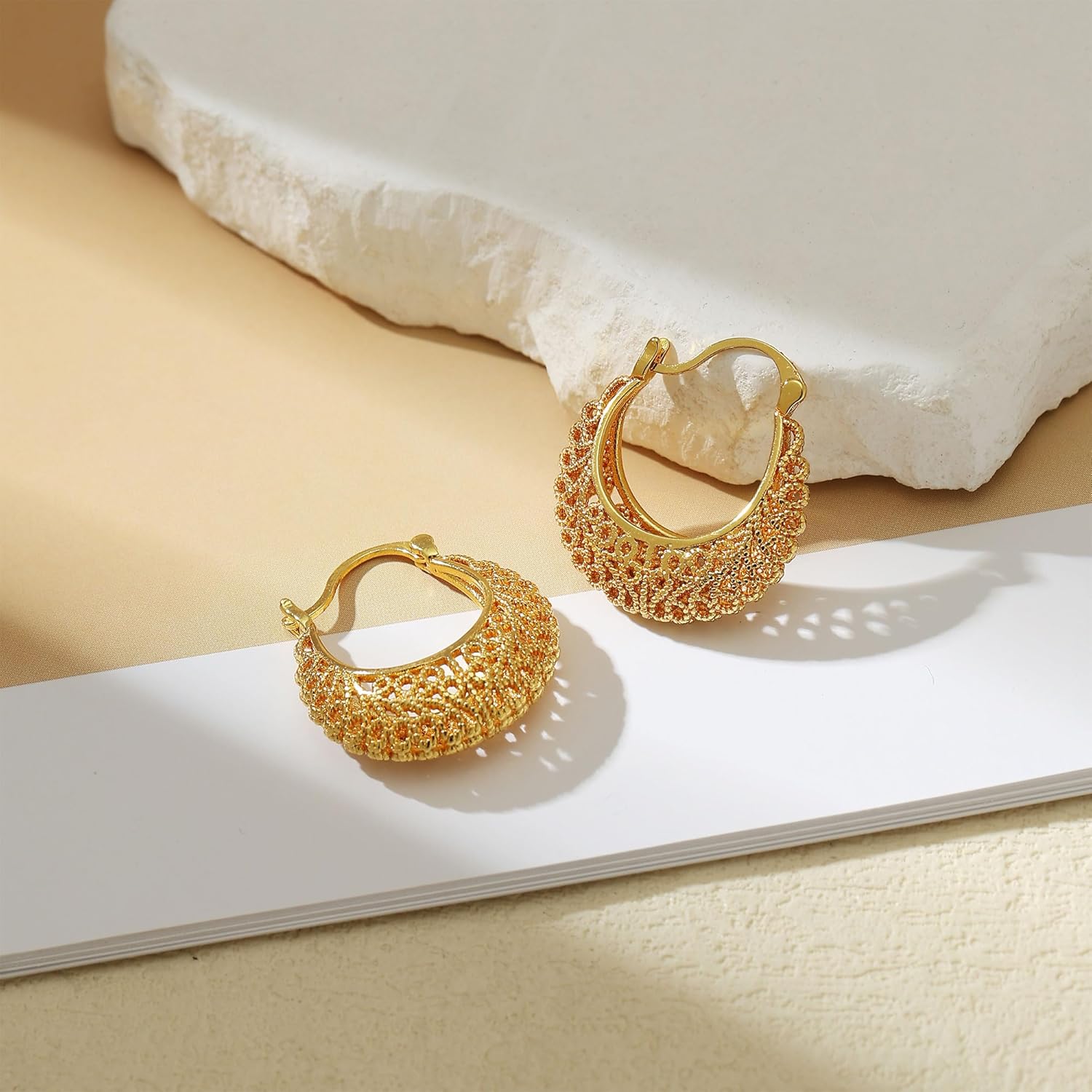 Filigree Gold Hoop Earrings Vintage Small Earrings for Women - Image 6