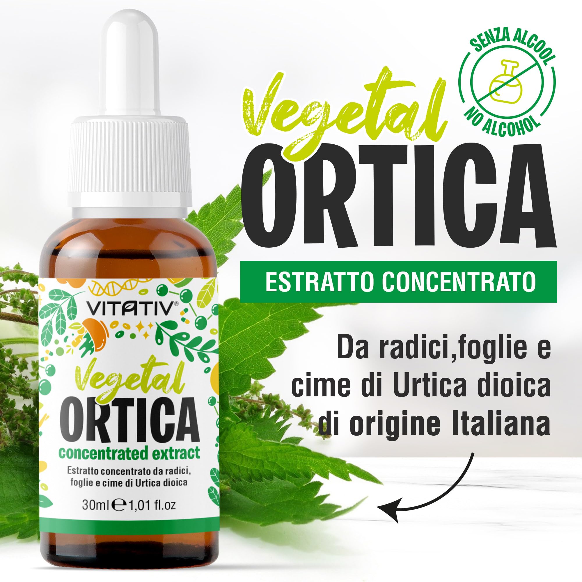 Vitativ Ortica (Urtica Dioica) Estratto Concentrato Analcolico Liquido in Gocce, 30 ml| Estratto Vegetale | Vegano