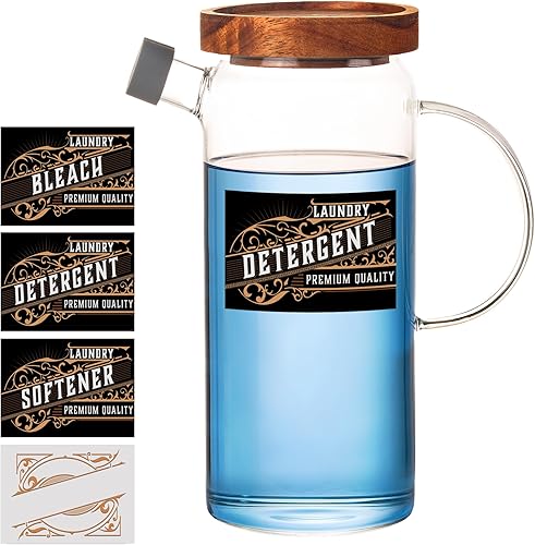 Elegante dispensador de detergente de vidrio de 32 onzas con tapa de bambú perfecto para la organización de la lavandería y almacenamiento de