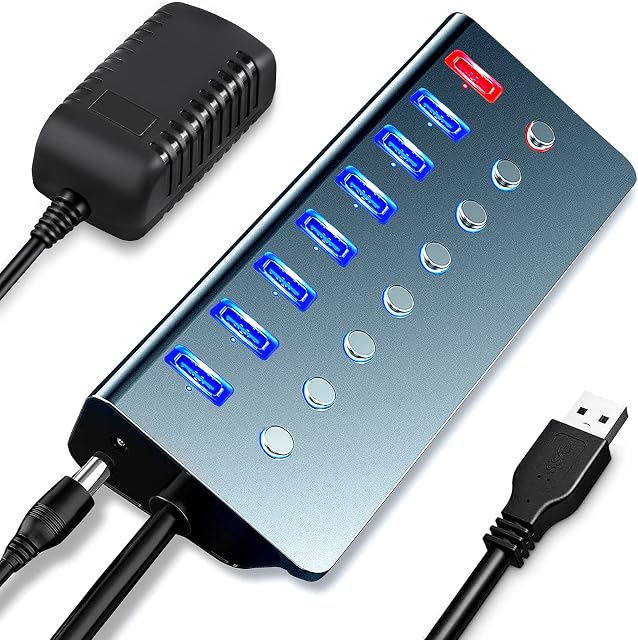 Powered USB Hub,LOBKIN 7-Port USB Hub Powered 3.0 | 1 Smart Charging Port | Multi USB Port Expander with Individual On/Off Switches and 5V/3A Power Adapter for Laptop,MacBook,Mac Pro and More