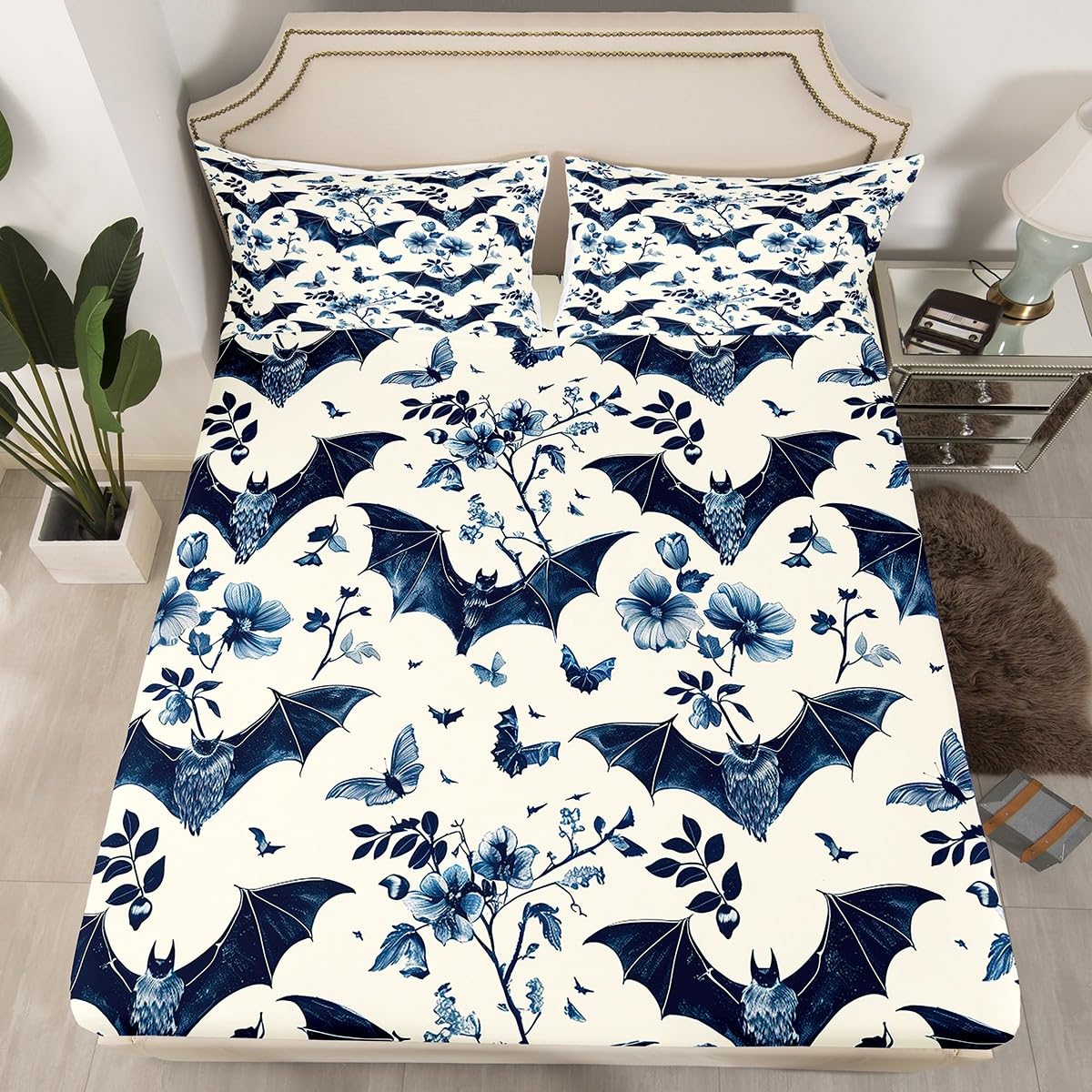 Feelyou Bats Halloween Bed Sheets Floral Bat Twin Size Bedding Set Decoration for Kids Boys Girls Cartoon Gothic