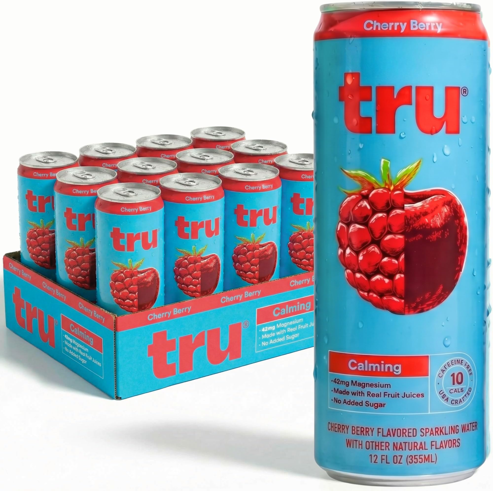Tru Dream Calming Drink, Magnesium Glycinate Sparkling Water with Real Fruit Juice, Cherry Berry Flavored Seltzer, Caffeine Free, No Added Sugar, Keto, Vegan, Kosher, Gluten Free, 12 Fl Oz (Pack of 12)