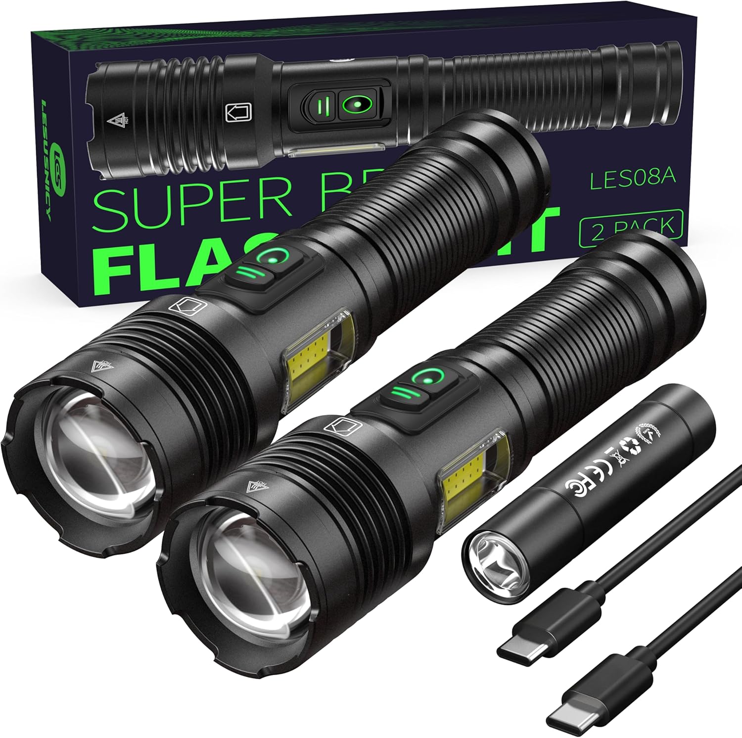 Rechargeable Flashlights High Lumens 100000 with Side Light - 2 Pack, Super Bright 30W LED, Dual Source Light Buttons, Long Lasting 15H, Quick USB C Charge, Handheld 6.81” Length, for Hiking Home Gift