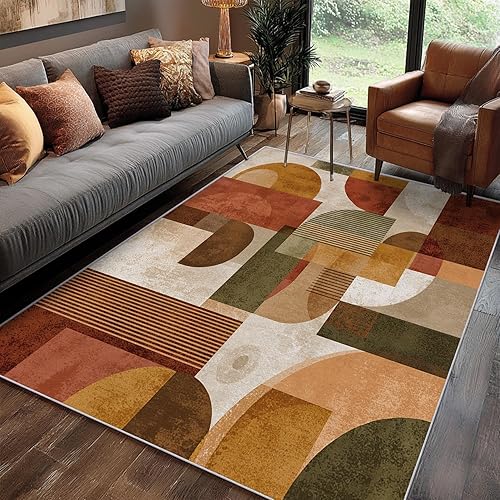 Miniatura 115 de Alfombra retro de los años 70, alfombras de área de 6 x 8 pies, patrón geométrico moderno de mediados de siglo, para sala de estar, dormitorio,