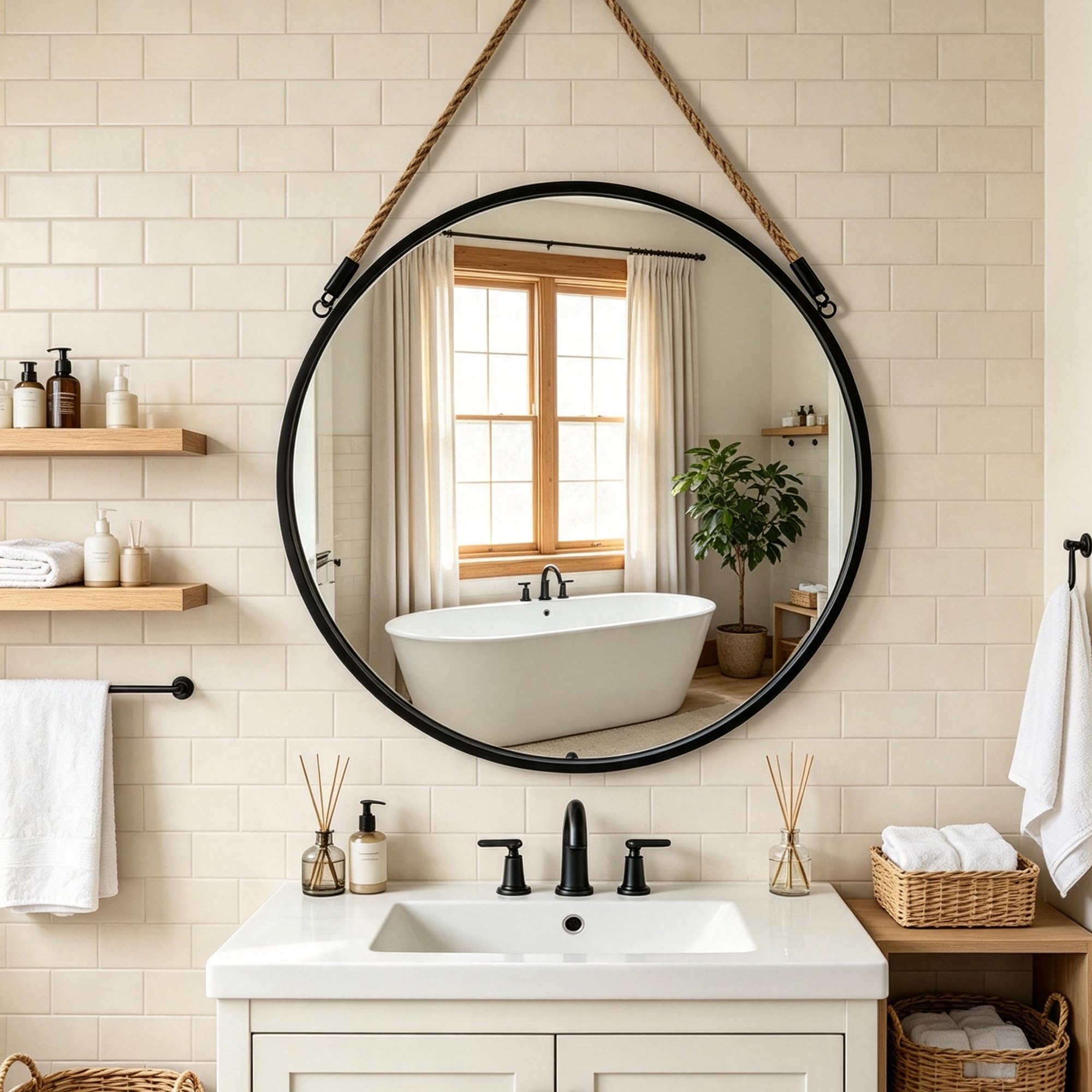 POZINO 24 Inch Round Rope Mirror