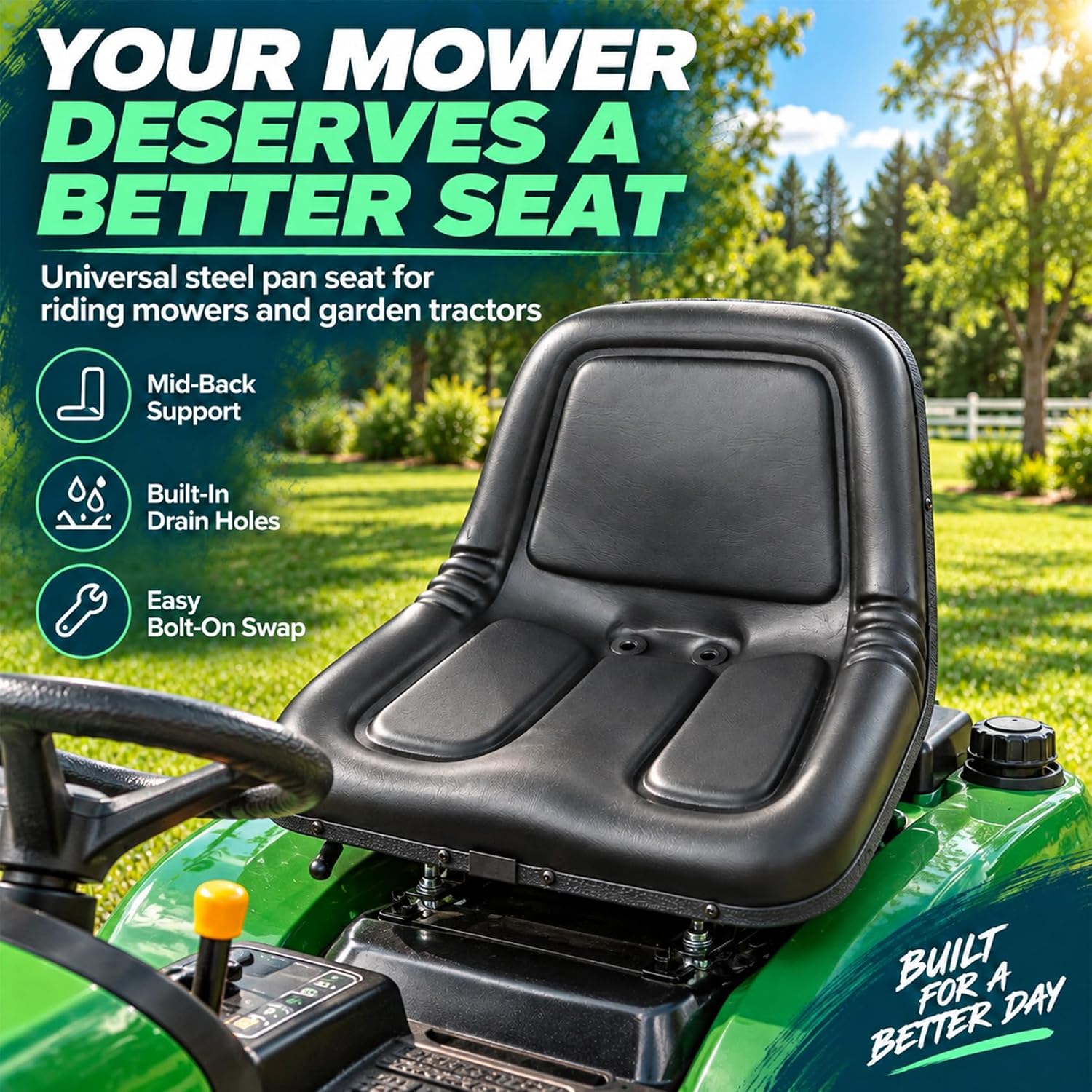 FZJDSD Universal Lawn Mower Tractor Seat Mid-Back Steel Pan Drain Hole