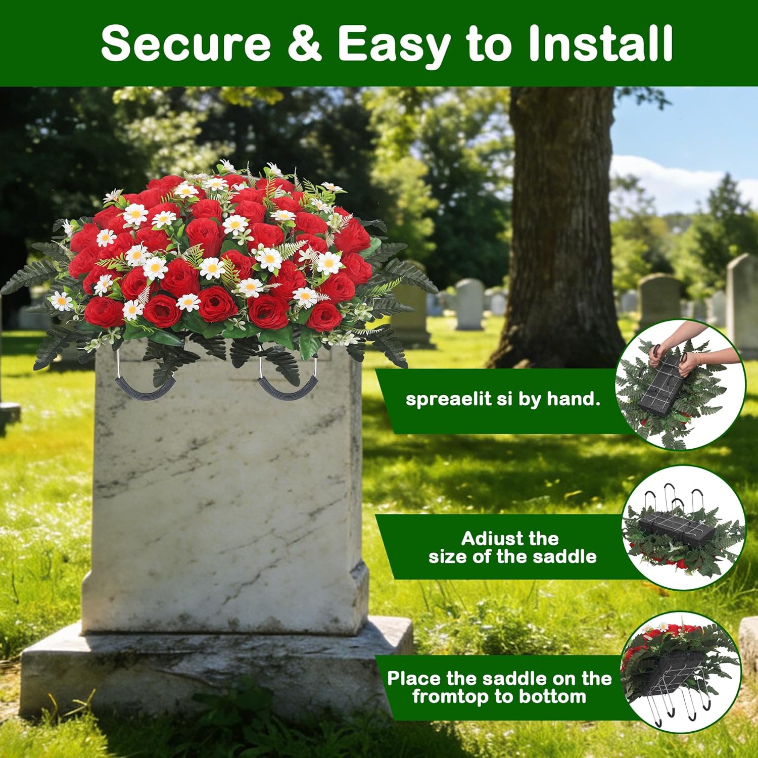 Lodou Artificial Cemetery Flower Saddle – Artificial Rose Memorial Flowers, Flower Saddles for Graves– for Headstone Decorations on Memorial Day, Christmas, Valentine’s Day ﻿ (Red)