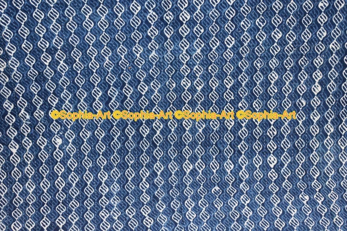 Sophia-Art Indigo Queen Size Kantha Block Printed Ralli Blanket Bedding Bedspread Gudari Quilt Vintage Handmade Made by Artisians of India Size 90" x 108" (pattern-03)