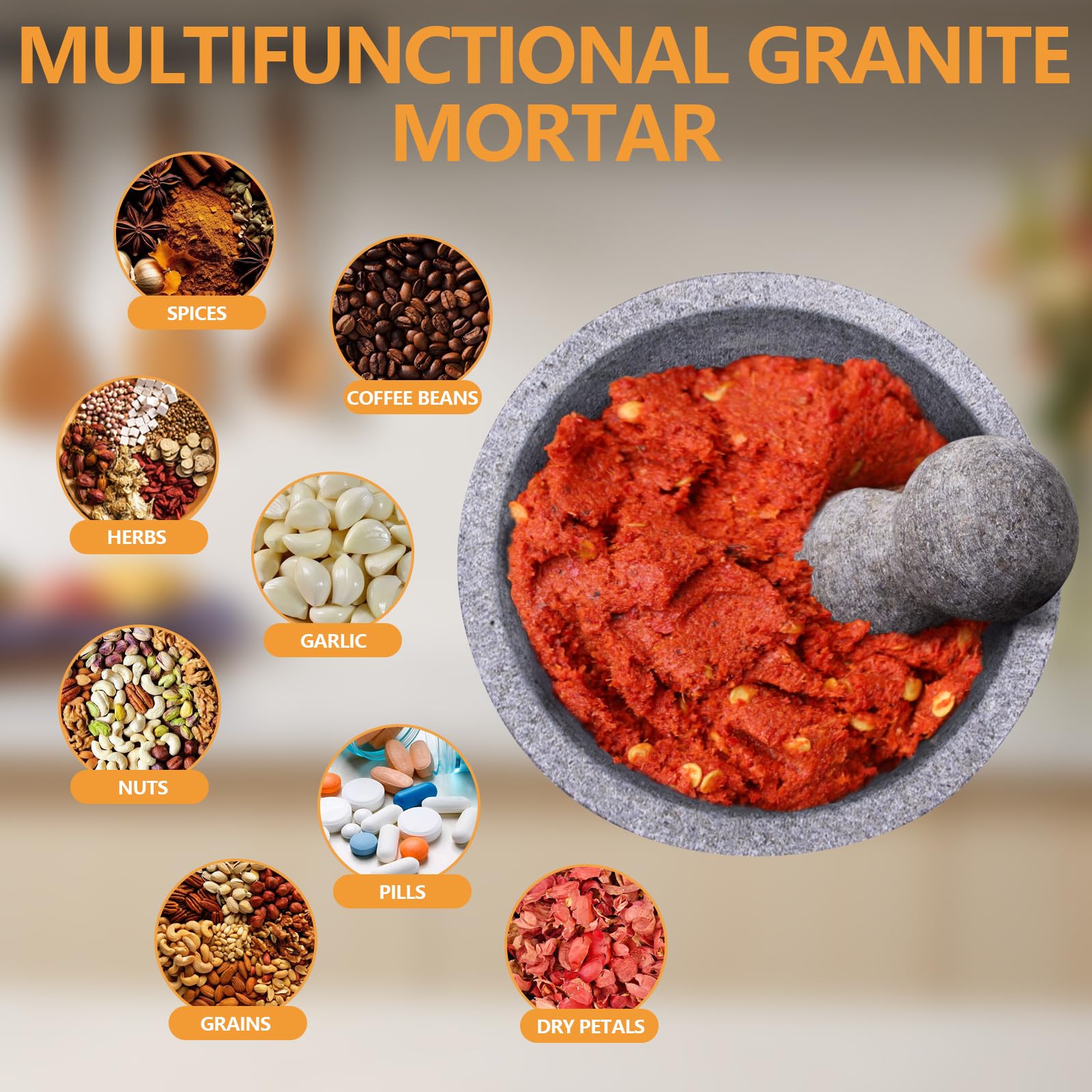WhiteRhino Juego de mortero y pilón, 4 tazas de granito natural sin pulir Molcajete Mexicano, cuenco de guacamole extra grande de 8 pulgadas, molinillo de piedra de pilón Motar para guacamole, salsa,