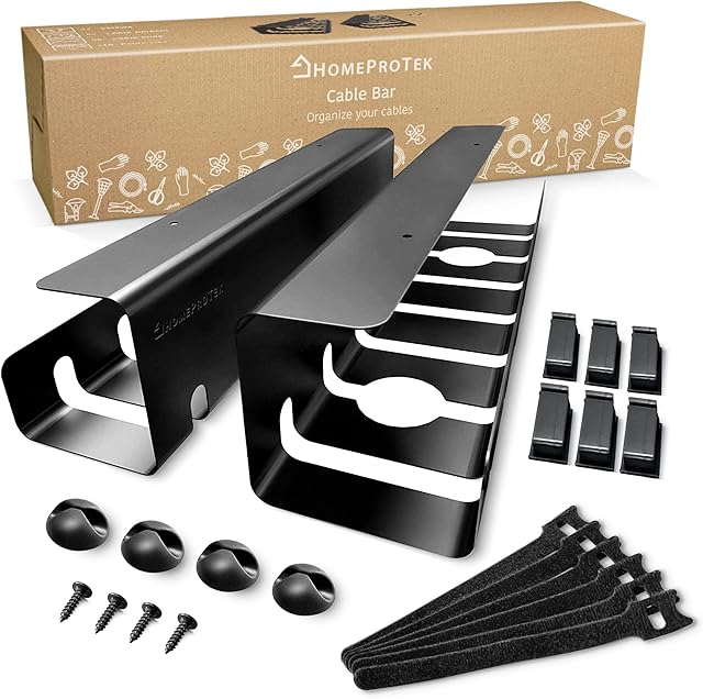 HOMEPROTEK Desk Tidy Under Desk Cable Management Tray x2 Black, Cable Duct for Tidy Home Office Wire Management, Easy Assembly Sturdy Steel Cable Holder Desk, 43x10x10cm Cable Rack and Accessories