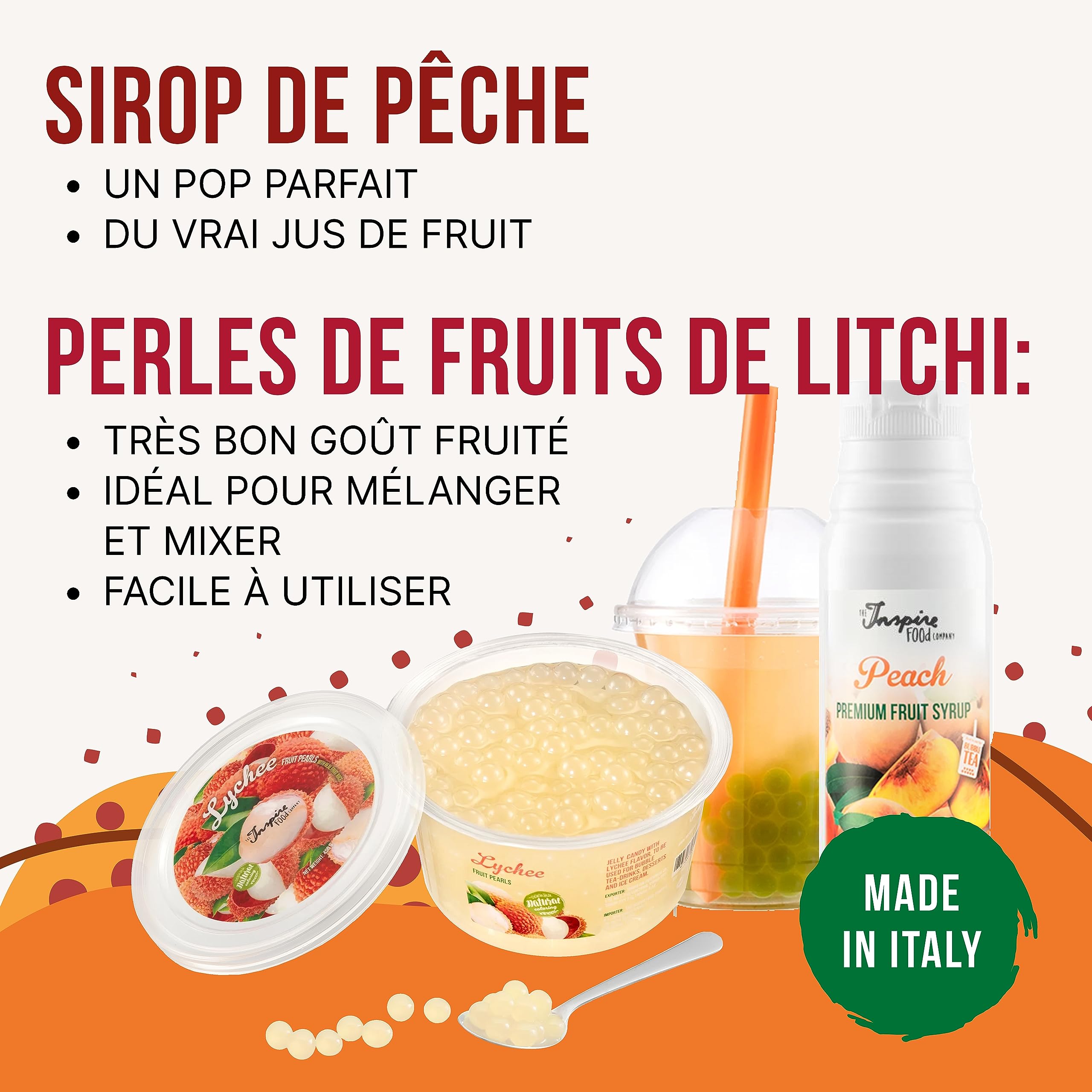 INSPIRE FOOD Kit Bubble Tea Complet | Litchi Boba & Pêche Sirop | Kit Bubble Tea avec Perles Popping Boba et Sirop - 100% vegan et sans gluten, sans colorant artificiel