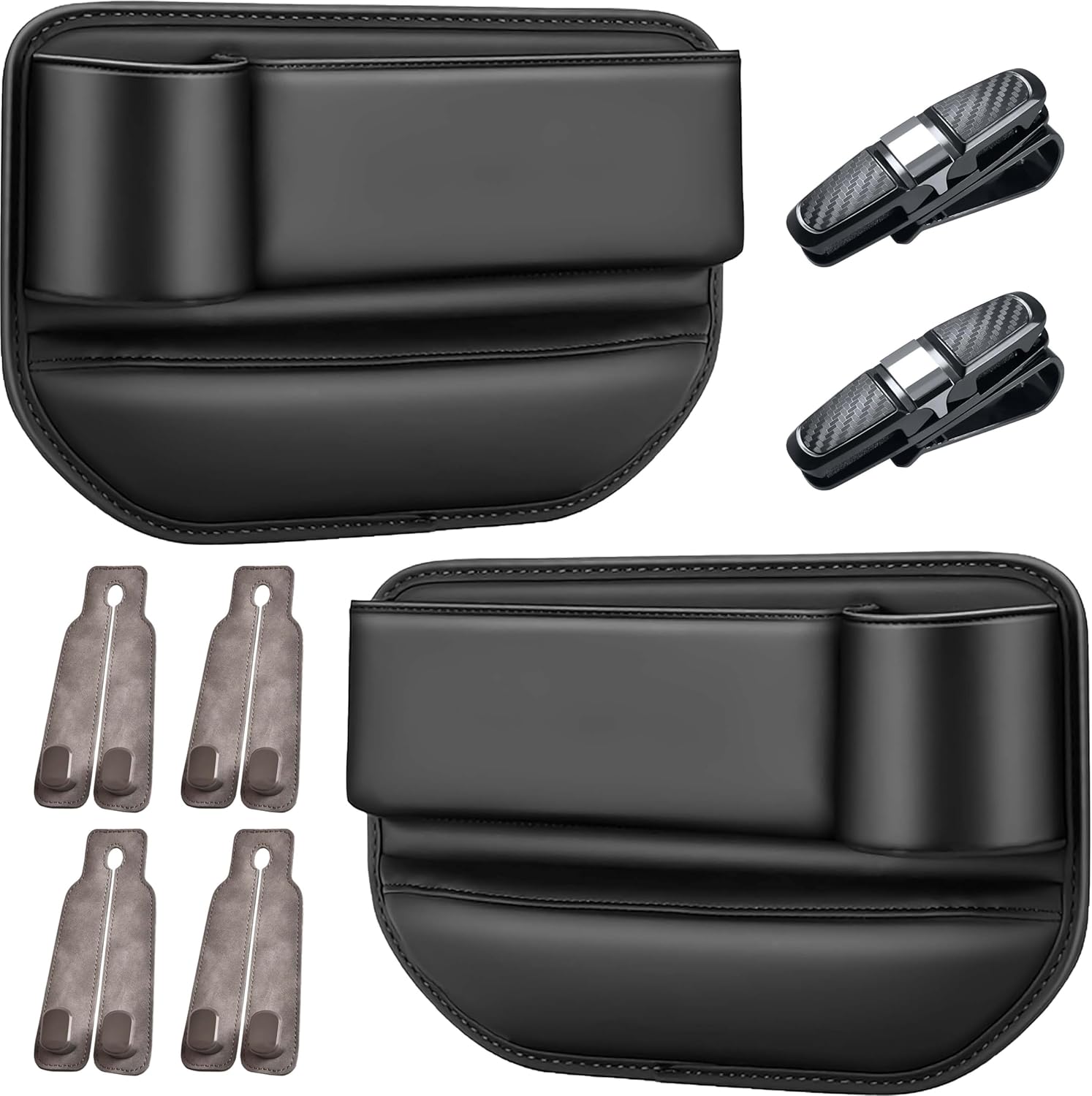 Car Seat Gap Filler and Leather Organizer 2 Pack With Cup Holder Console Side Storage Box With 4 Multifunctional Seat Hooks 2 Car Sunglasses Clips Must-Have Car Accessories for Men and Women