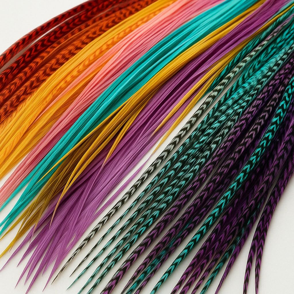 Feather Hair Extension – Vivid Grizzly and Solid Color Block Mix, 20 Individual Loose Feathers, All Ranging From 7 to 11 Inches in Length, Includes 10 Silicone Crimp Beads