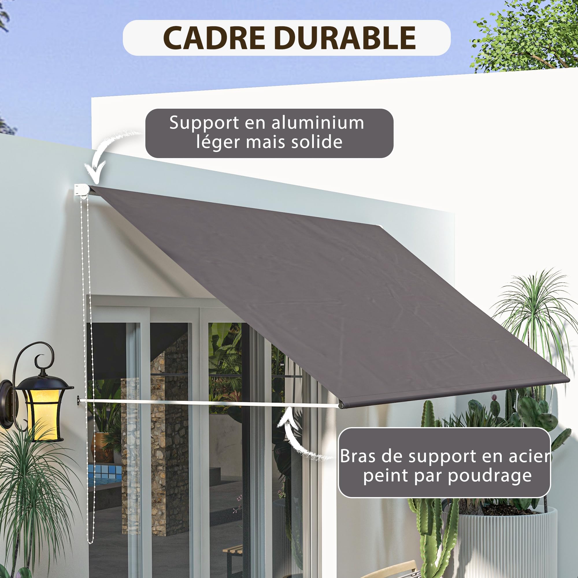 Outsunny Store banne Manuel auvent rétractable Inclinaison réglable 300 x 120 cm Protection UV Aluminium Polyester Gris foncé