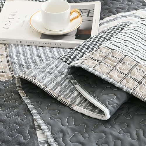 Miniatura 4 de Boryard Juego de edredón de 3 piezas, ligero y suave tamaño matrimonial, colcha de retazos grises (90 x 90 pulgadas), juego de ropa de cama de