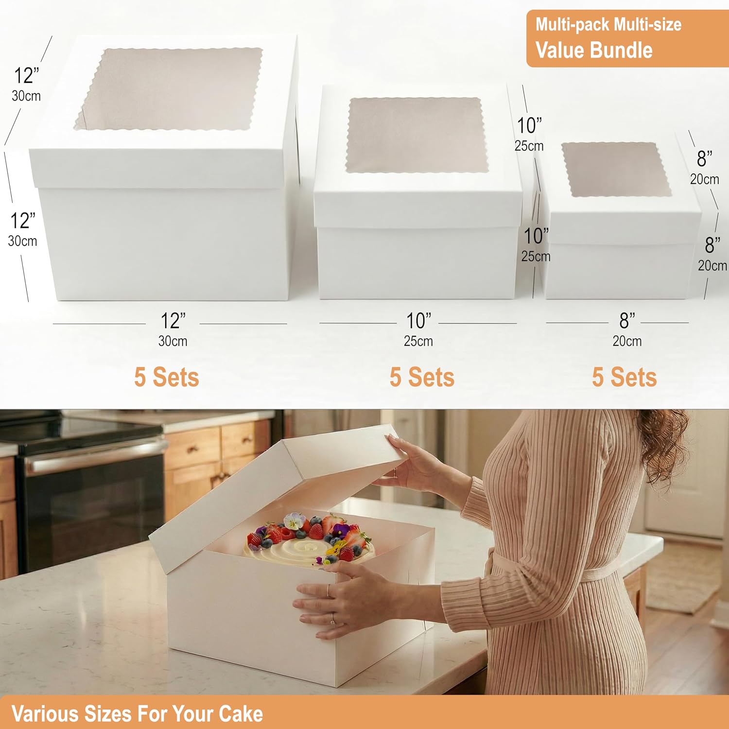 BOARDS+ 8 + 10 + 12 Inch Cake Boxes with Clear Window (15 Pack Total, 5 Pack Per Size) – Sturdy Cardboard, Easy to Assemble, Disposable Cake Carriers for Weddings, Birthdays, and Special Occasions