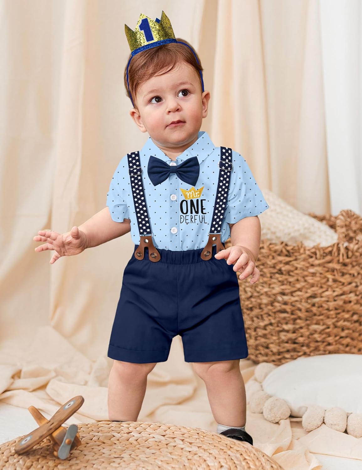 DONWEN Baby Boy First Birthday Outfit Mr Onederful Bowtie Romper + Suspender Shorts+ Party Hat Cake Smash Outfits - Image 3