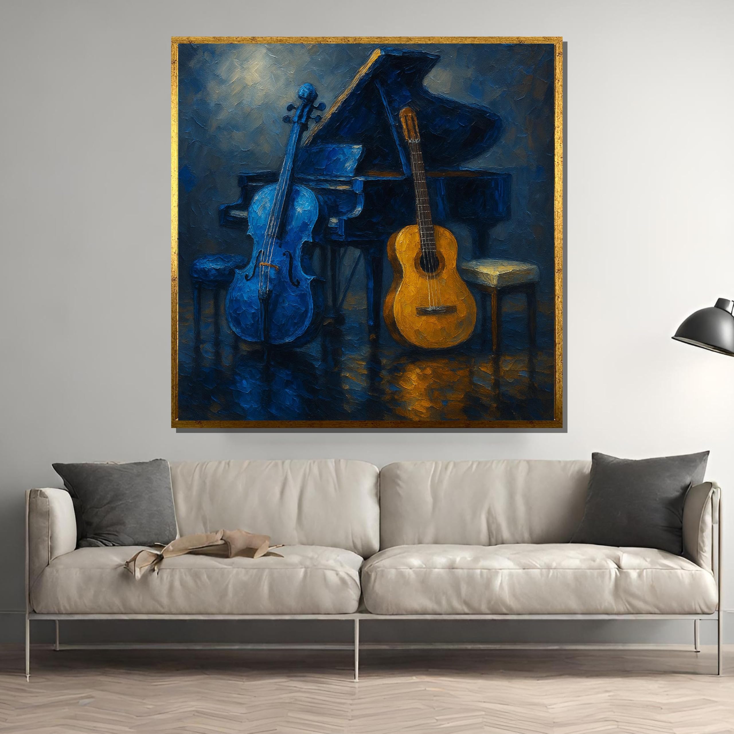 TONGYINLI Martwa natura obraz na płótnie, fortepian z obrazami ściennymi, niebieska wiolonczela i złota gitara, plakaty i nadruki (30 x 30 cm / rama wewnętrzna)
