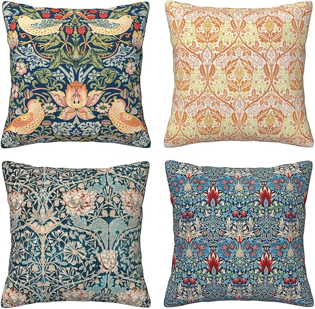 HOSTECCO William Morris Pillow Covers 45x45 cm Pack of 4 The Strawberry Thieves Golden Bough Design Art Pillow Cases Square Decorative Cushion Covers for Sofa Couch