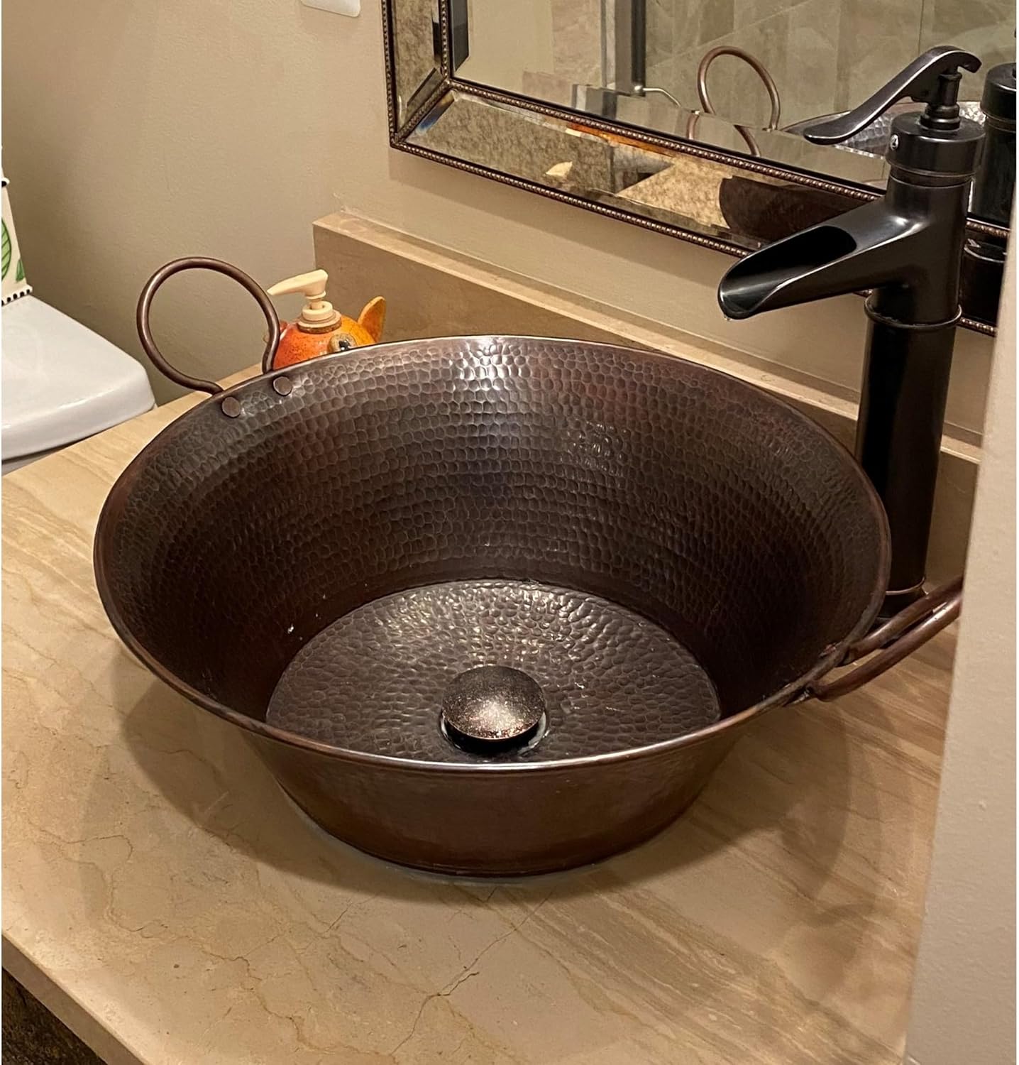 16" Round Copper Vessel Bath Sink with Handles