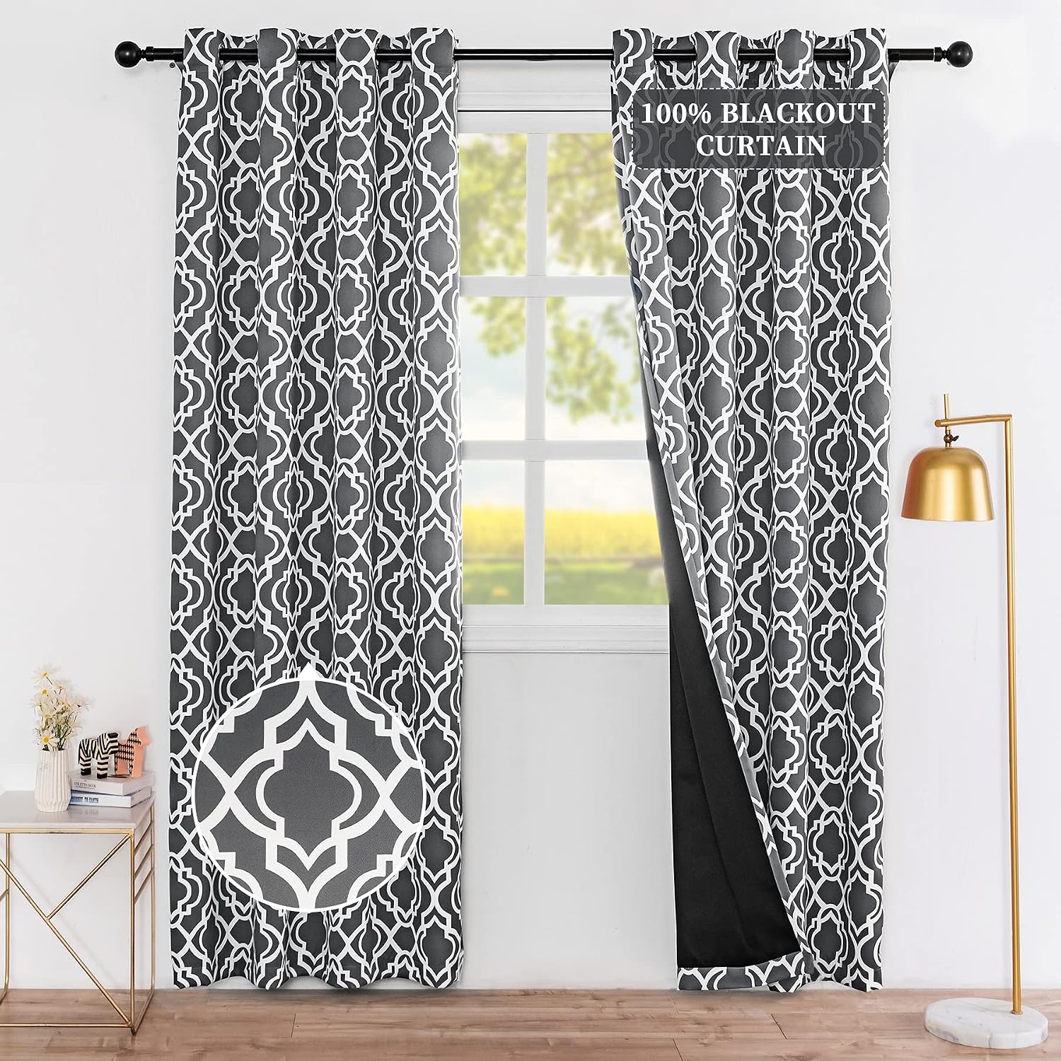 Drewin 100% Blackout Curtains for Bedroom 63 Inches Length Grey Curtain Morocco Print Window Curtain Thermal Insulated Living Room Drapes 2 Panels,Grey 52x63 Inches
