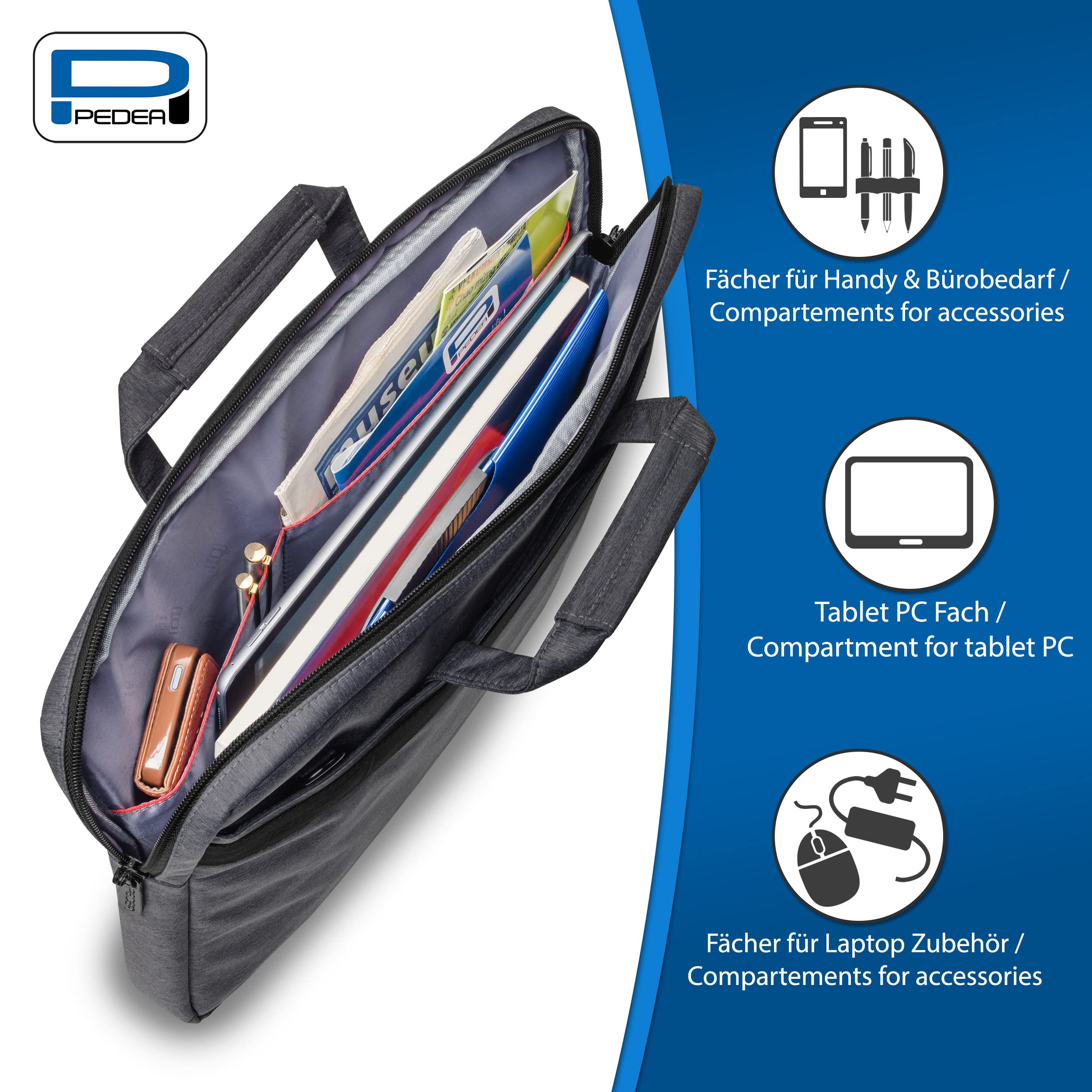 PEDEA Housse pour ordinateur portable "Elegance" Étui pour ordinateur portable jusqu’à 15,6 pouces (39,6 cm) Sacoche à bandoulière et compartiment pour tablette jusqu’à 11 pouces (27,96 cm), gris
