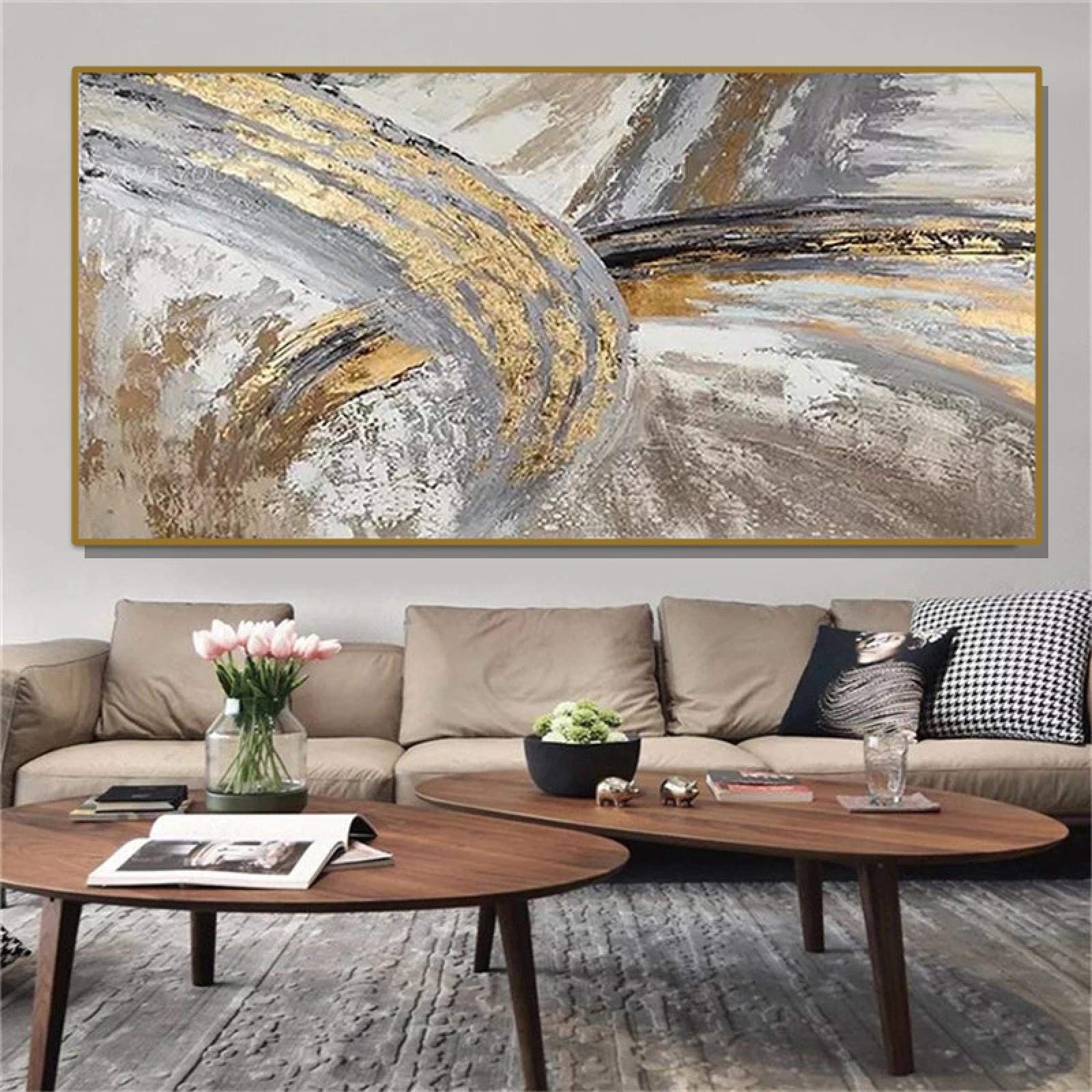 Amazon.co.jp: モダンアートワークゴールド抽象絵画アートプリントと