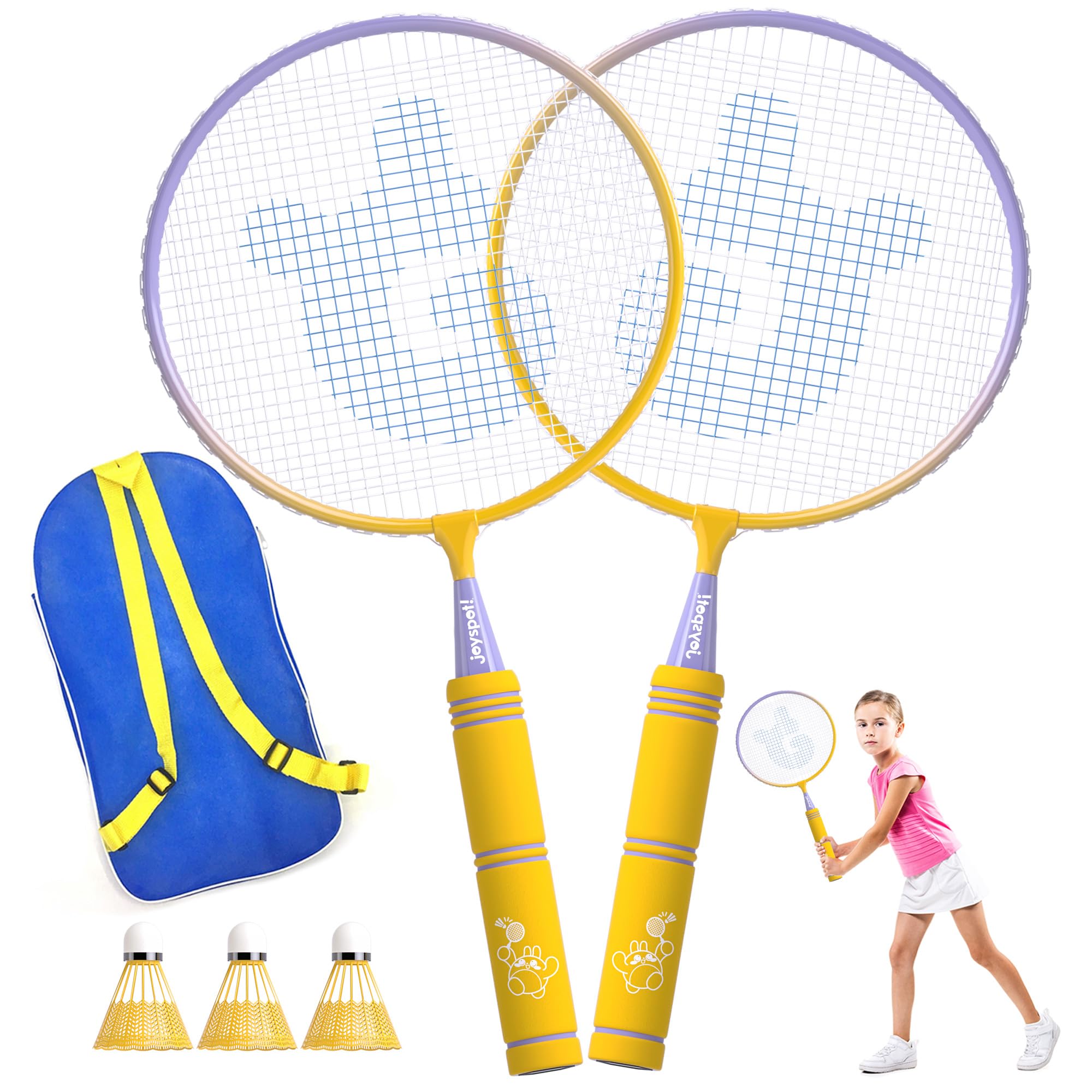 JOY SPOT! Kids Badminton Rackets Set with Soft Grip, Oversize & Lightweight Shuttlecocks Racquet with Carry Bag for Children Youth, 2 Player Sport Game for Indoor Outdoor Backyard