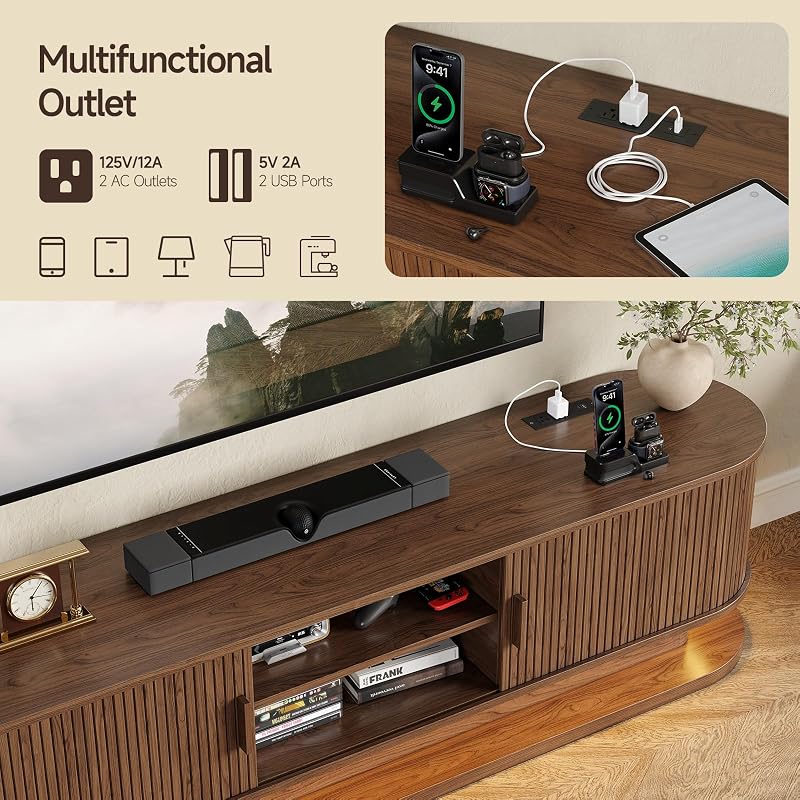 ONBRILL TV Stand with LED Lights and Power Outlet (Walnut, 70 Inches) image 5