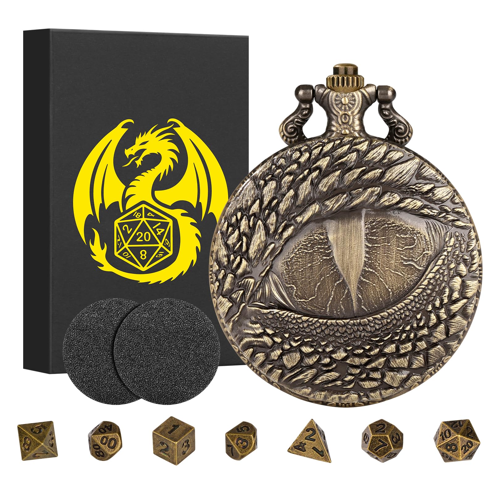 Mini DND Dice Set including Retro Dragon's eyes Pocket Watch Shell Case, DND Starter Set, 7pcs Polyhedral Mini Metal Dice Set