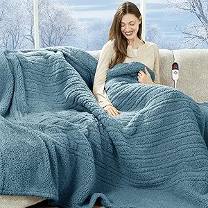Electric Blanket Full Size 72"X84" Blue - Soft Double Sided Sherpa Heated Blanket Full Size with LED Display, 6 Heating Levels & 10 hrs Timer, Machine Washable & Fast Heating for Women