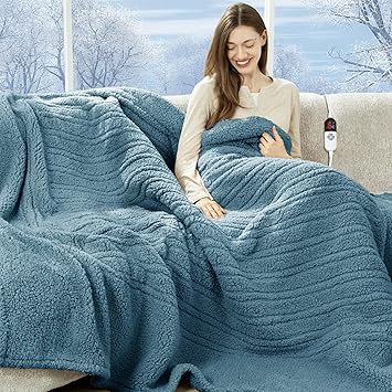 Electric Blanket Full Size 72"X84" Blue - Soft Double Sided Sherpa Heated Blanket Full Size with LED Display, 6 Heating Levels & 10 hrs Timer, Machine Washable & Fast Heating for Women