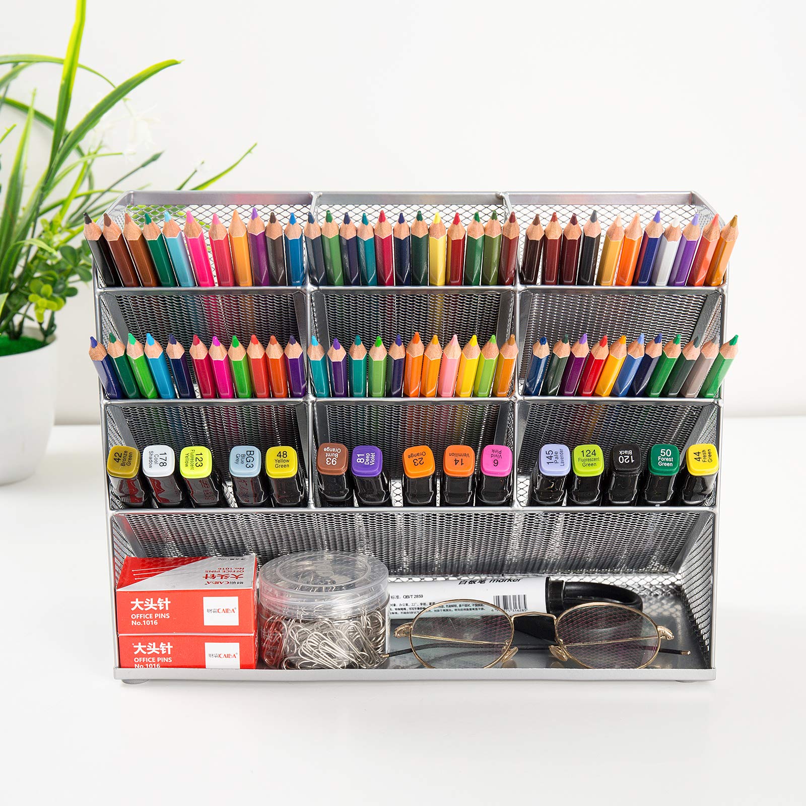 Organisateur Bureau Métal Vikmyer - 9 Compartiments - Range Stylos Et Fournitures De Bureau