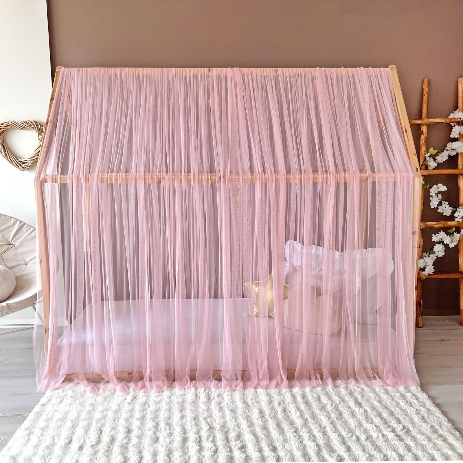 Montessori - Toldo de cama para dormitorio de niñas y niños, elegante decoración de habitación de niños, cortina de cama Montessori para niños pequeños con drapeado suave (rosa, 320 cm, juego