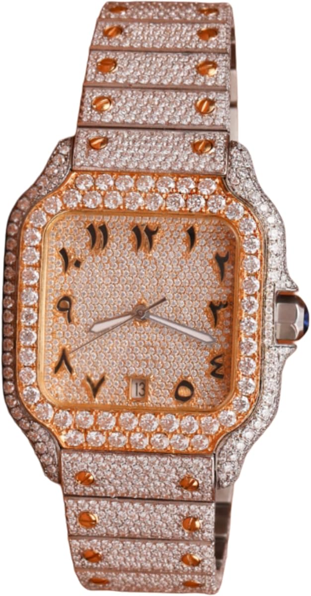 Reloj de lujo Iced Out para hombre: reloj cuadrado de dos tonos con busto hacia abajo, esfera pavimentada completa con números arábigos raros, reloj pesado estilo hip hop con detalles de tornillos