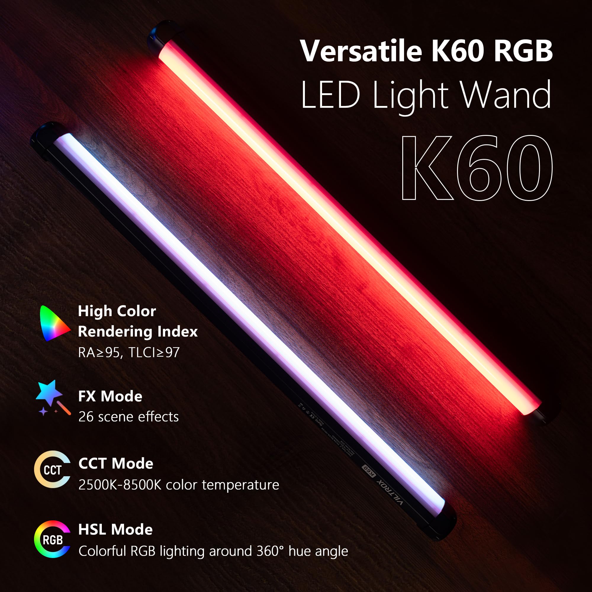 VILTROX K60 - Paquete de 2 Barras de luz LED RGB con Control de aplicación, Tubo RGB de Mano de 360° para fotografía, Regulable de 2500 K-8500 K, CRI97+, 26 escenas de luz, Pantalla LCD, batería de