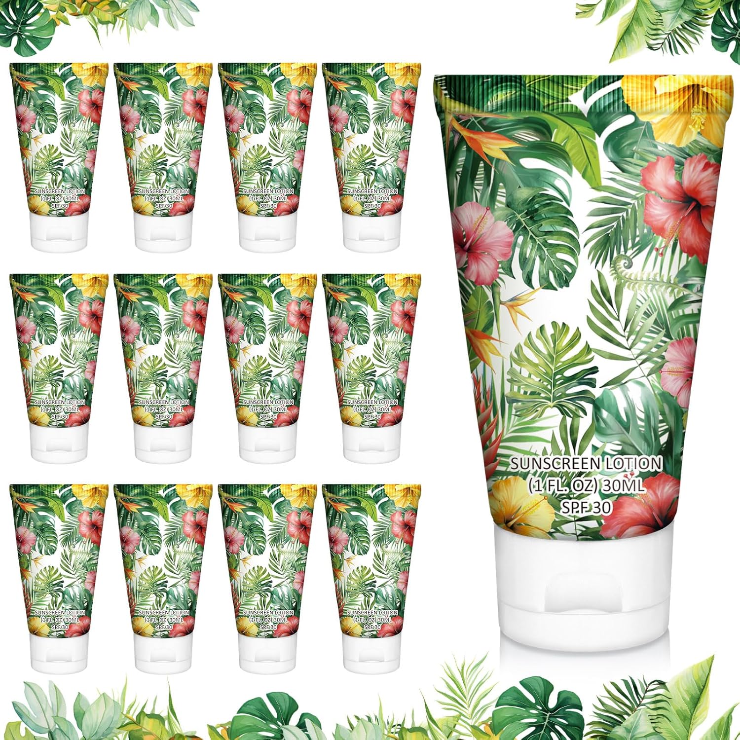 Loopeer 30 Pcs Mini Sunscreen Bulk Travel Size 1 oz Spf 30 Water Resistant Mini Sunscreen Lotion Hawaiian Tropical Leaves Summer Beach Party Favors Gifts for Summer Hawaiian Party Adult(Fresh)