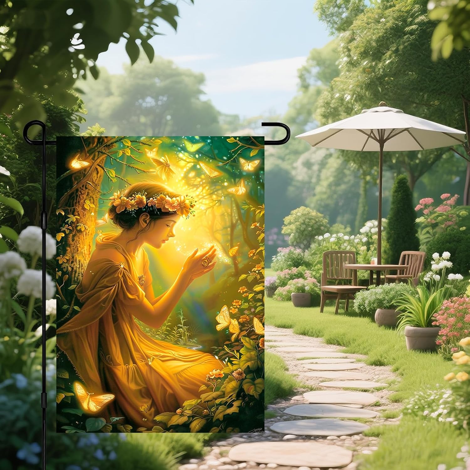 IVN Enchanted Fairy Garden Flag 12x18 Spring Outdoor Yard Flag with Flower Crown Fairy & Glowing Butterflies Double Sided Seasonal Lawn Decor for Garden Porch or Patio - Image 6
