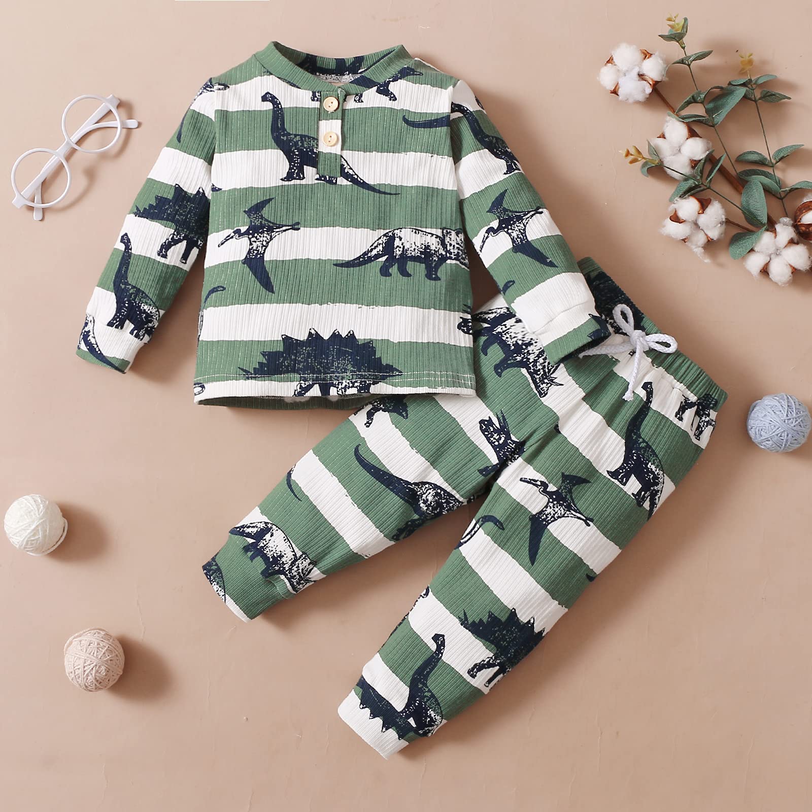 Infant Baby Boy Girl Dinosaur Clothes Set Animal Cotton Top Pants 2Pcs Toddler Outfits Unisex Baby Playwear (Button Down Green Long Sleeve Dinosaur Suit, 12-18 Months)