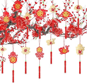Thyle 84 Pcs Chinese New Year Decorations Ornaments Traditional Lucky Hanging Fu Decal Year of The Snake Spring Festival Knot Hanging Pendant 14 Styles Lunar New Year Tree Decorations for Home Office