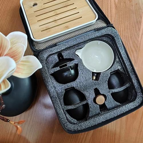 Miniatura 7 de Youngky - Juego de té de cerámica china de gongfu, juego de té portátil de viaje con cafetera de té de rotación 360 e infusor, bolsa de regalo todo